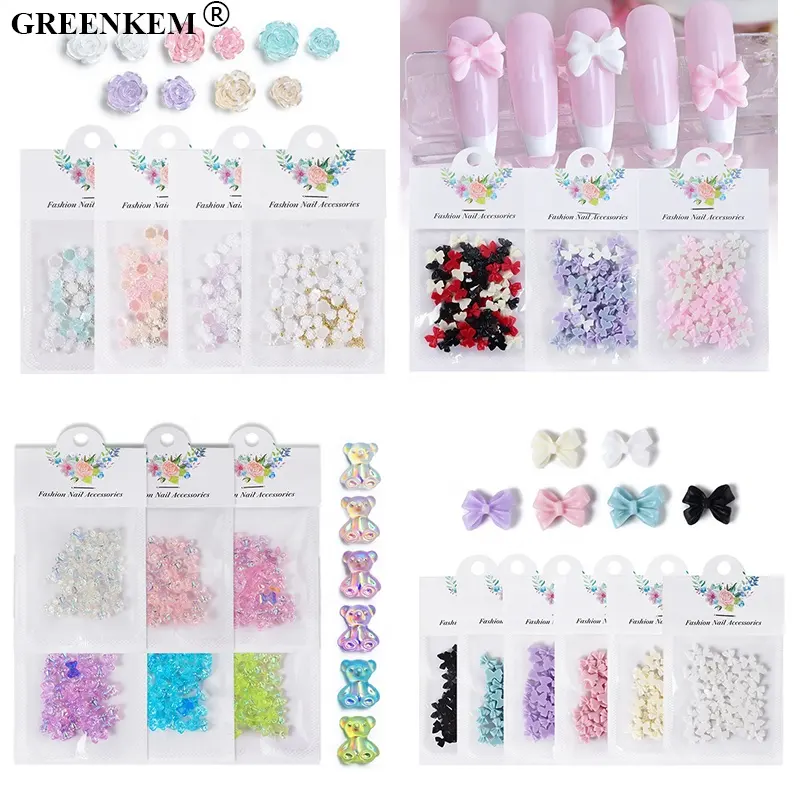 50pcs bag New Mix color Nail Bow Charms Flower Bear Bow Nail Decorations Accessories Beautiful Girl Bow Tie Nail Art Charms