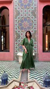 2024 Handblock impreso Pure Viscone mujer Casual cuello en V Maxi vestido boda noche fiesta playa vestido - Product Image 2