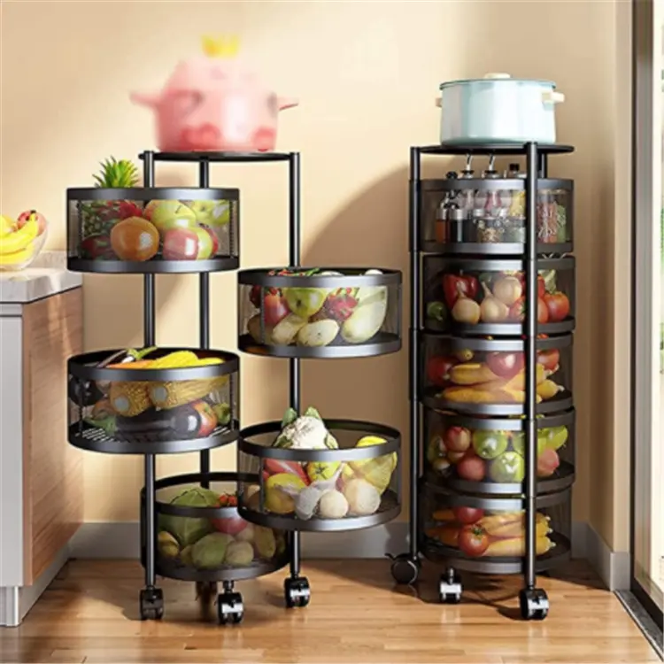 3/4/5 layers Multi-layer Movable Kitchen Storage Shelf Rotating Vegetable Storage Rolling Cart Rack with Wheels