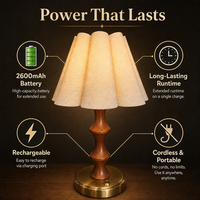 Lampe de table à abat-jour en lin, tige en bois, base en métal, variateur tactile, rechargeable, batterie 2600 mAh, sans fil, pour chambre à coucher, salon