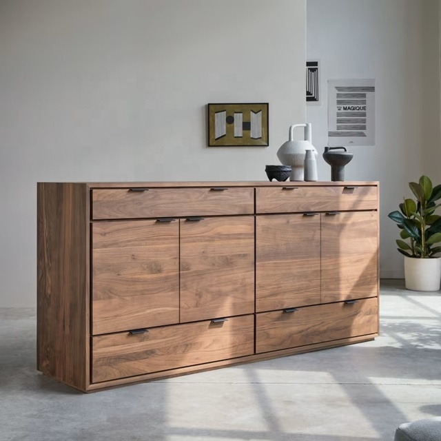 Custom Solid Wood Walnut Veneering Flat Design Sideboard Melamine Chest of Drawers Storage Cabinet Dresser Entrance Cabinet