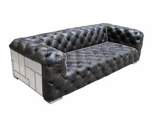 Canapé aviateur en cuir véritable noir vintage design d'usine, meuble de canapé loft industriel 3 places, produit en vrac fait à la main - Product Image 4