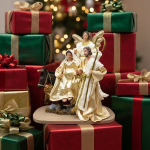 Crèche de la Nativité « Voyage en Égypte », Statue de la Sainte Famille en résine, Crèche de la Sainte Famille blanche et dorée - Product Image 5