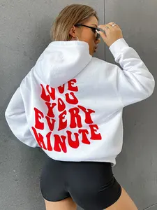 Sweatshirt Pullover Streetwear Winter Long Sleeve Drawstring Pullover Ladies Short Sweatshirt Letters Print Drop Shoulder Warm White Crop Hoodie