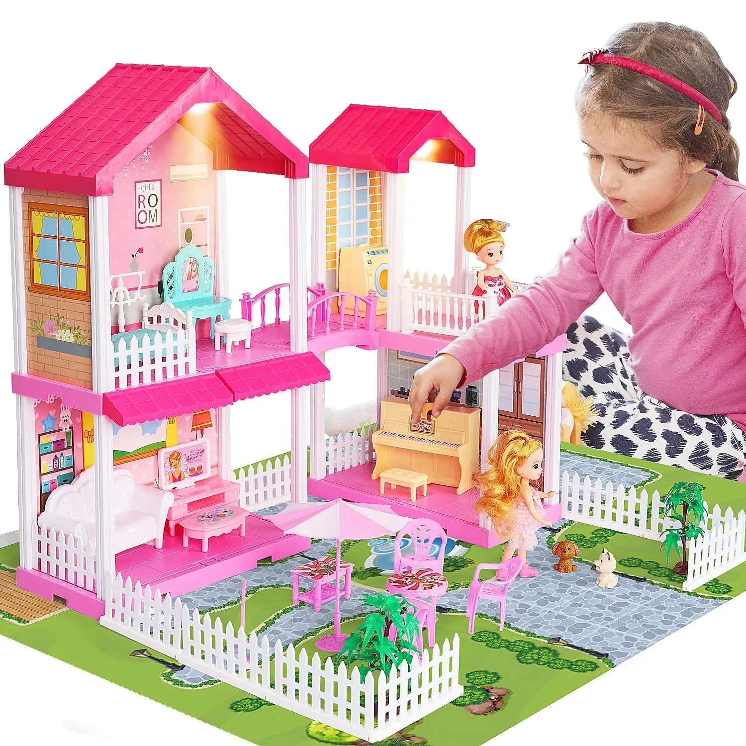 (Только для нас клиентов) игрушка жизнь Принцесса аксессуары мебель свет DIY сборка вилла большой розовый Кукольный дом с картой