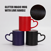 Tasse à café magique à changement de couleur par sublimation, avec poignée en forme de cœur, motif étoilé scintillant, cadeau de Saint-Valentin, tasse en céramique