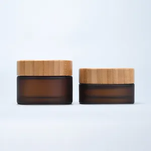natural bamboo cosmetic packaging 5g 15g 30g 50g 100g frosted amber glass cream jar with bamboo cap