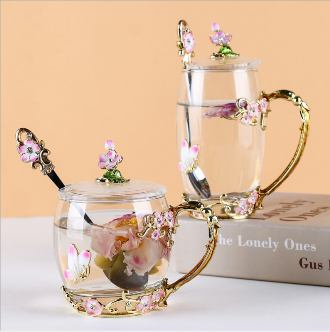 Heat Resistant Embossed Luxury Enamel Crystal Flower Brew Peach Blossom Metal Handle Violet Glass Tea Romantic Iris Cup For Lady