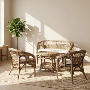 Rattan Two Seat Living Room Sofa Set with Cushions Round Coffee Table Asian Style Furniture for Villa & Courtyard Use - Product Image 3
