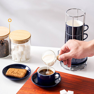Juego de 4 Tazas de Café de Cerámica Personalizadas con Soporte Metálico, Tazas y Platillos Apilables para Espresso - Product Image 5