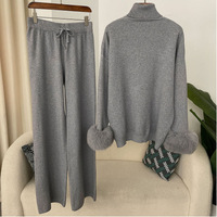 Nouvel ensemble deux pièces tricoté décontracté pour femme, col montant, manches en fourrure de renard, coupe ajustée, style paresseux et polyvalent, confortable et ample, collection automne-hiver 2025