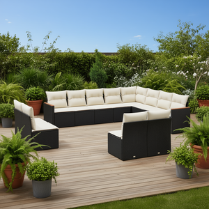 Ensemble de canapés de jardin en rotin noir modulaire moderne, meubles de patio extérieur avec coussins crème - Product Image 2