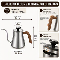 Set Termometer Panci Kopi Gooseneck HL dengan Tutup, Gagang Kayu, Kontrol Aliran Presisi, Corong, Baja 304, Ketel Seduh Manual 600ml 900ml