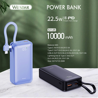 Batterie externe Li-Polymère 10000 mAh avec affichage numérique, câbles intégrés, charge rapide 20W, portable, 22,5W PD QC