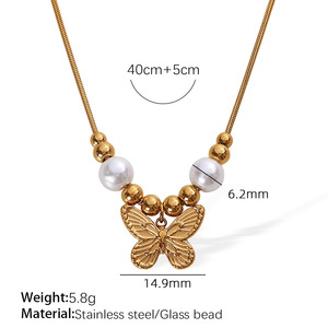 Collar con Colgante de Mariposa para Mujer, Chapado en Oro de 18K, Acero Inoxidable, Cadena de Serpiente con Perlas de Imitación, Joyería Linda para Uso Diario - Product Image 2