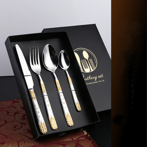 Metal de acero inox inoxidable blanco y <span class=keywords><strong>dorado</strong></span> juego de cubiertos para la boda. caja de regalo - Product Image 3