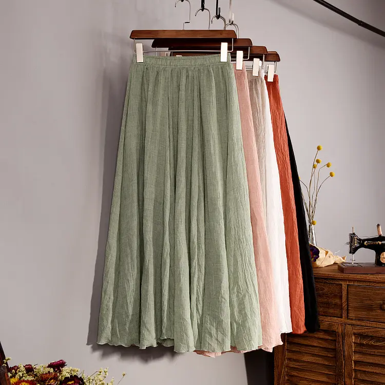 Wholesale Women Linen Cotton Long Skirts Elastic Waist Pleated Maxi Skirts Beach Summer Skirts