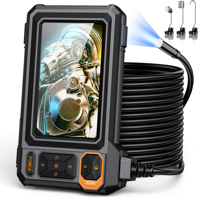 Microlong ES04A 4.3" IPS 1920P HD Industrial Endoscope Borescope Camera 8mm IP67 Waterproof 8 Adjustable LEDs 50FT Semi-Rigid