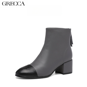 Bottines pour femmes en cuir véritable, classiques, rétro, talon épais, à enfiler, bout carré, gris, noir, couleur contrastée, augmentant <span class=keywords><strong>la</strong></span> taille - Product Image 1