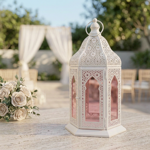 Manufacturers Popular White Metal Moroccan <b>Candle</b> <b>Lantern</b> with Rose Gold Glass for Ramadan and Weddings - Product Image 4