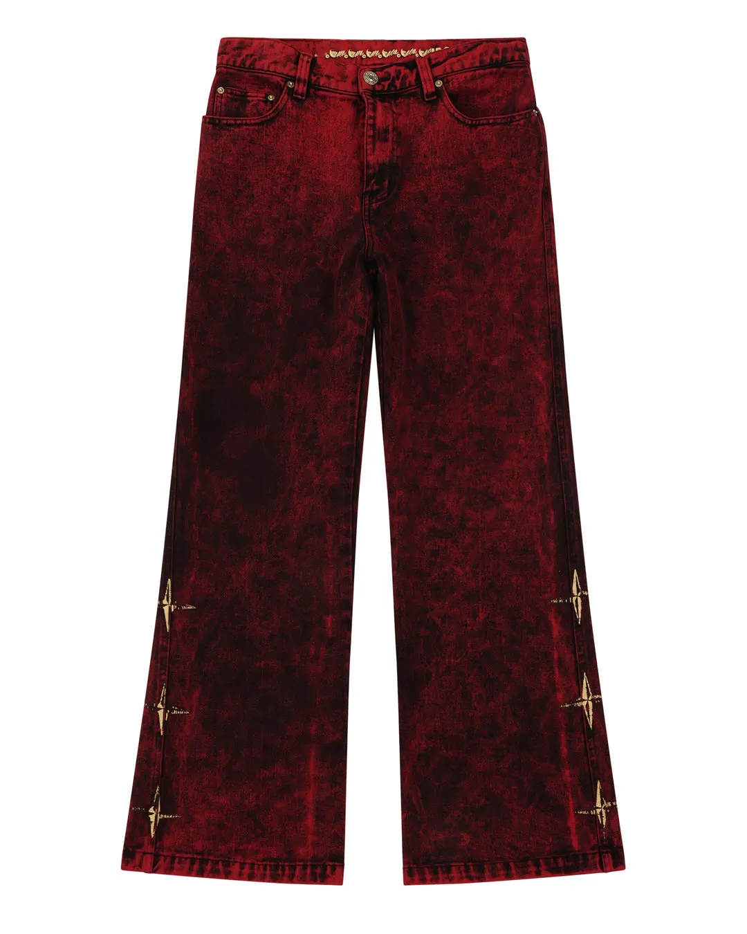 Özel üçlü yıldız siyah yangın Lava erkek alevlendi kot boyalı çift marangoz kargo pantolon Patchwork Vintage Flare kot