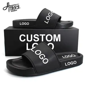 Happyslides Designer Sandals Custom PU Slides,Custom Logo Black Flat Sandal Men,Custom Printed Slippers Slides Footwear