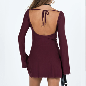 Vestido Borgoña de Mujer, Hombros Descubiertos, Manga Larga, Acanalado, con Mangas <span class=keywords><strong>Campana</strong></span>, Fruncido, Informal, para Fiesta - Product Image 4