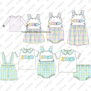 New Easter boutique clothing collection XOXO donut baby girl outfit knitted plaid summer toddler girl dress with shirt set