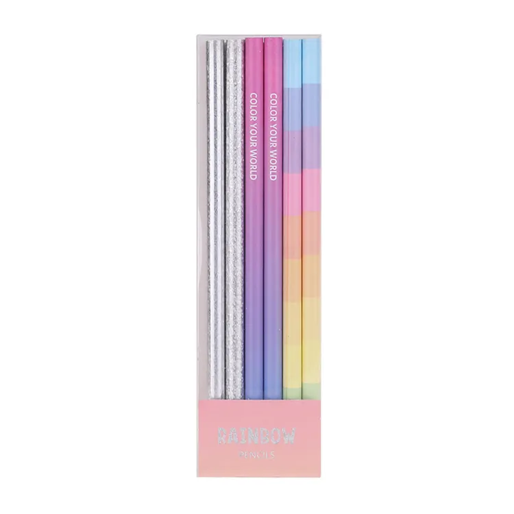 6本の鉛筆のペットボックスセットに詰められたプロのカスタム印刷製造虹色