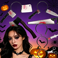 En gros Accessoires de déguisement d'Halloween effrayants : Bandeau avec couteau sanglant traversant la tête, Bandeau avec hache, scie et seringue, pour farces de zombie, pour fête