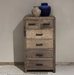 Commode à six tiroirs en bois rustique artisanal, finition antique, meuble de rangement pour chambre à coucher, décoration intérieure - Product Image 1