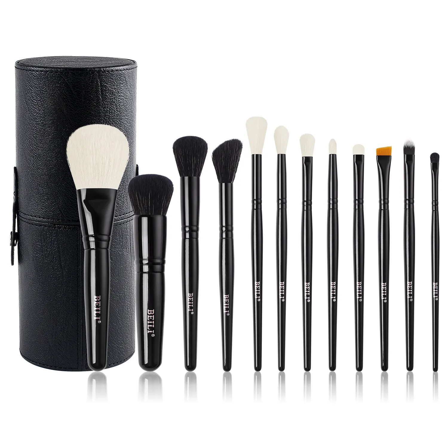 Beili Custom Professionele Make-Up Borstel Set 12 Stuks Mat Zwart Geit Haar Luxe Power Concealer Borstels Voor Make-Up Met Houder