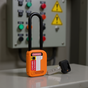 Candado de seguridad naranja con llave y etiqueta de advertencia para uso seguro - Product Image 3