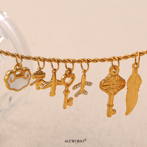Golden Adventures | 18K PVD Gold Plated Stainless Steel Travel & Protection Charms | Airplane Key Heart Arrow Lock Pendants - Product Image 3
