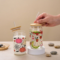 Mug en verre borosilicate en forme de canette pour café, bière, cola, avec couvercle en bambou et paille, idéal pour les fêtes et Halloween, cadeau