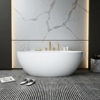 Baignoire autoportante ovale de luxe moderne en pierre artificielle avec fonction de trempage, drain intégré, écologique, taille adulte pour salle de bain