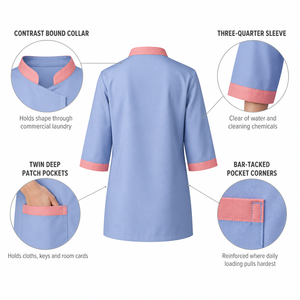 Set Uniforme per Personale di Pulizia, Tunica per Cameriere di Hotel, Manica 3/4 con Finiture <span class=keywords><strong>a</strong></span> Contrasto, Abbigliamento da Lavoro per Addetti alle Pulizie, Logo Personalizzabile - Product Image 4