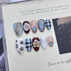 <span class=keywords><strong>Uñas</strong></span> Postizas Hechas a Mano Estilo American Sweetheart con Perlas <span class=keywords><strong>Blancas</strong></span> y Lazo, <span class=keywords><strong>Manicura</strong></span> para Dedos con Forma de Almendra - Product Image 3