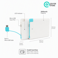 QSF 2600mAh Power Bank de taille carte de crédit ultra-mince, chargeur de téléphone avec câble Micro USB intégré, cadeau promotionnel, vente en gros personnalisée