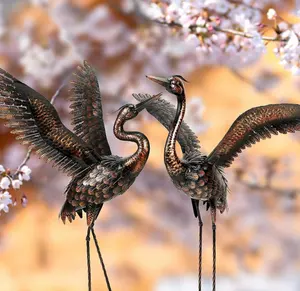 Set of 2 Large Size Garden Crane Statues Standing Metal Patina Heron Decoy Outdoor Statue Bird Yard Art for Patio