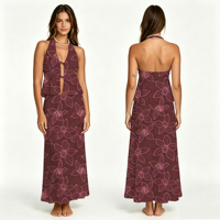Ensemble deux pièces personnalisé pour femme en soie de lait douce, style licou à nouer sur le devant, dos froncé, imprimé hibiscus, robe longue de plage, vente en gros