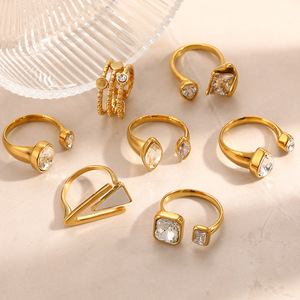 Geometric Stainless Steel Ring With Zircon Inlay <b>Square</b> Triangular Design <b>Adjustable</b> Opening Unisex Jewelry Gift - Product Image 2