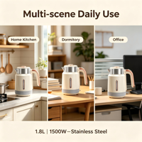 Bouilloire électrique sans fil en acier inoxydable à double paroi 1,8 L, contrôle de la température, ébullition rapide, arrêt automatique, 220 V, utilisation en extérieur, hôtel