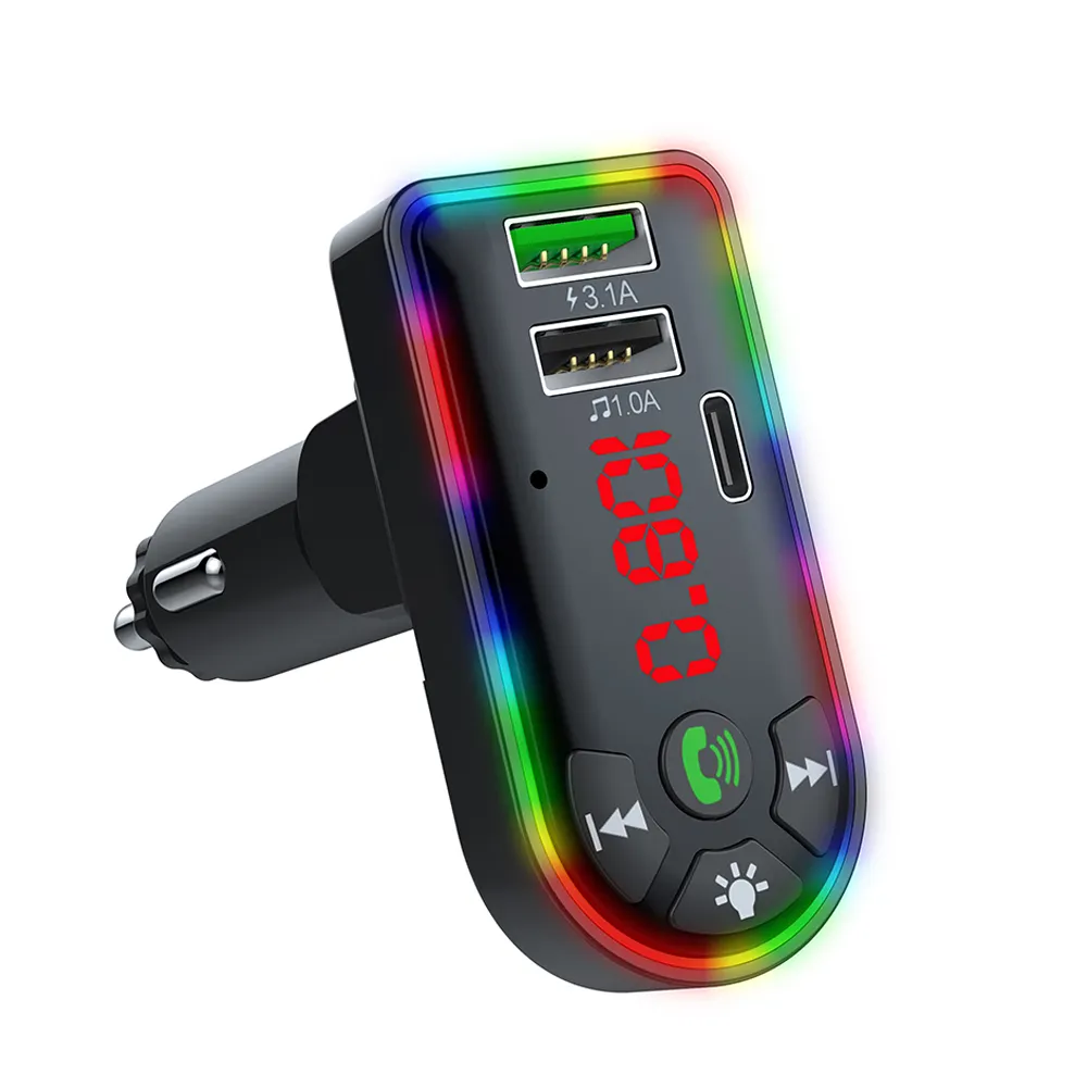 Novo Bluetooths 5.0 Carregador de carro com luz led colorida 3.1A Adaptador Rápido Porta USB Dupla Tipo C PD Carro estação de carregamento carregador