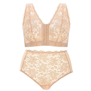 Conjunto de sujetador sexy de encaje fino para uso diario para mujer, tallas grandes C D E, con diseño hueco, transparente, sin costuras y con tirantes ajustables. - Product Image 4