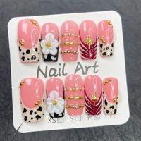 TSZS 10 pièces – Faux ongles à presser faits main, qualité salon, pointe française noire, motifs floraux 3D de luxe, carrés, épais, en acrylique, prêts à poser