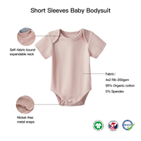 Combinaison bébé en coton biologique côtelé en gros, manches courtes, ajustée, barboteuse bébé unie, tricot côtelé, vêtements bébé, barboteuse une pièce