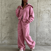 Ensemble de survêtement pour femme personnalisé, deux pièces, comprenant un sweat à capuche zippé de haute qualité et un pantalon large, style streetwear délavé, avec crop top