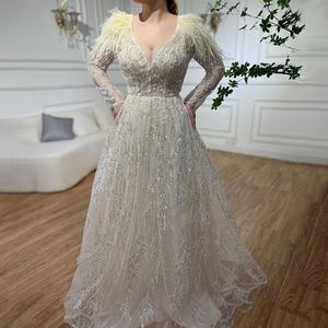 Beige Langarm A-Linie Abend- und Ballkleid mit Perlen und Federn – Serene Hill LA72172 Elegante Partykleider für Damen - Product Image 2