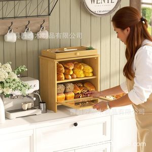 Boîte à pain en bambou Jiangtai à double couche, armoire de rangement alimentaire en bois pour la cuisine avec porte en verre pour le pain et les produits de boulangerie - Product Image 1